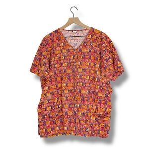 Vintage Y2K Barco Elephant Print Scrub Top Pink Floral XXL